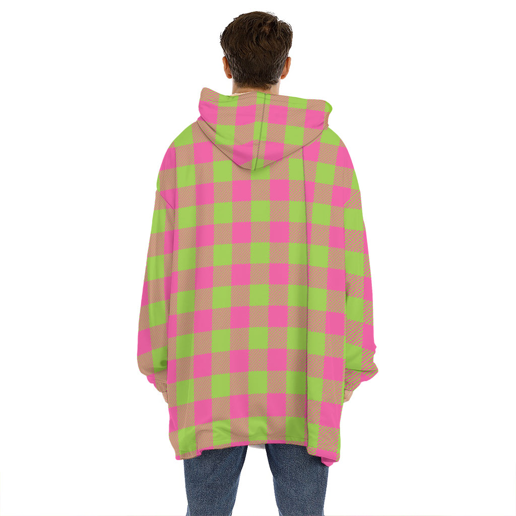 Pink And Green Buffalo Plaid Print Hoodie Blanket