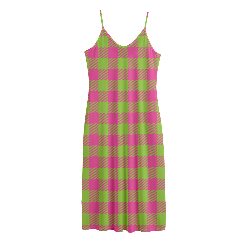 Pink And Green Buffalo Plaid Print Jersey Midi Cami Dress