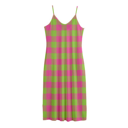 Pink And Green Buffalo Plaid Print Jersey Midi Cami Dress