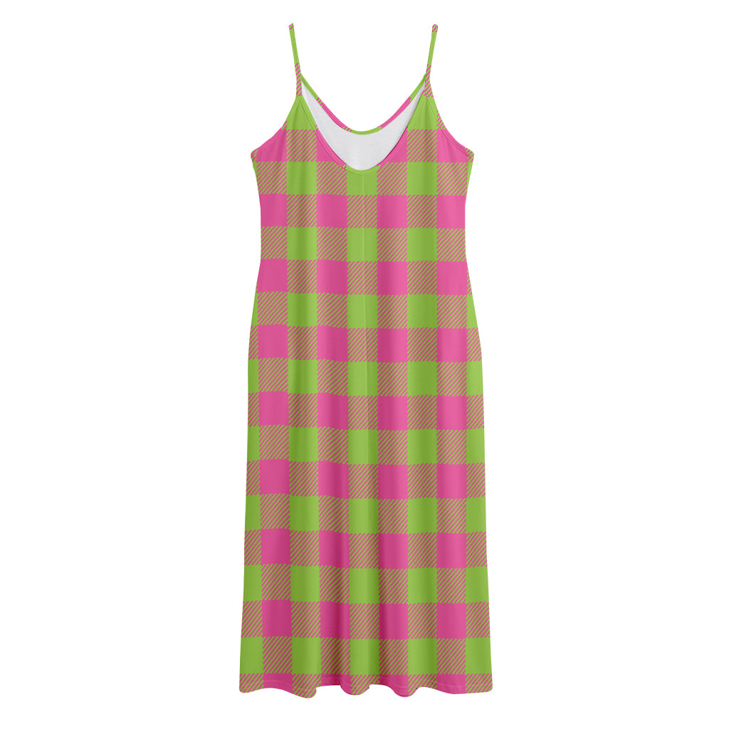 Pink And Green Buffalo Plaid Print Jersey Midi Cami Dress