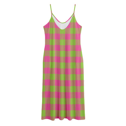 Pink And Green Buffalo Plaid Print Jersey Midi Cami Dress