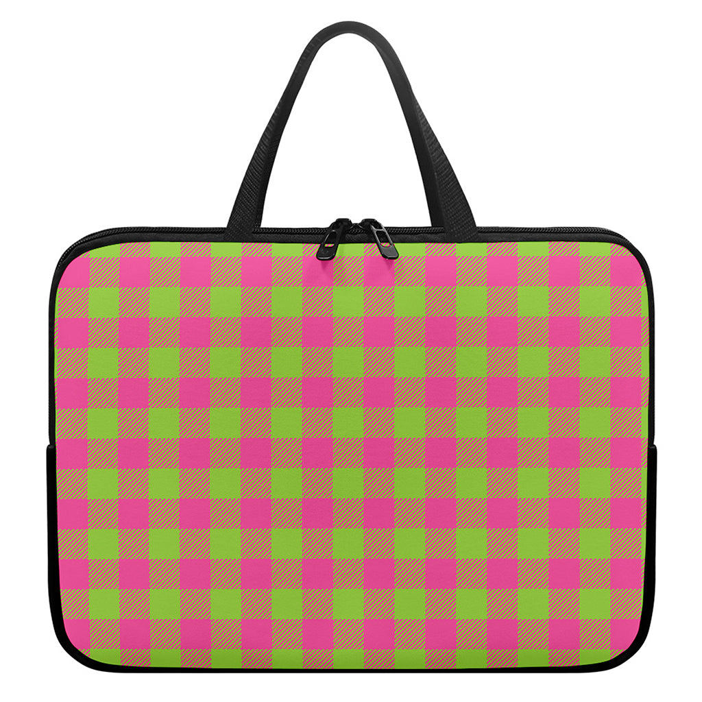 Pink And Green Buffalo Plaid Print Laptop Sleeve With Handle