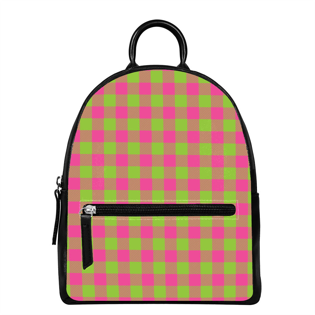 Pink And Green Buffalo Plaid Print Leather Backpack