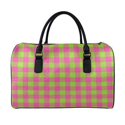 Pink And Green Buffalo Plaid Print Leather Duffle Bag