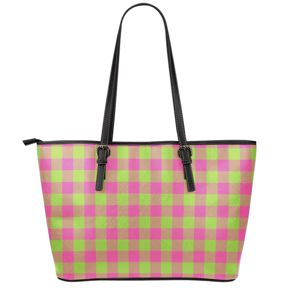Pink And Green Buffalo Plaid Print Leather Tote Bag