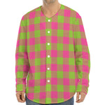 Pink And Green Buffalo Plaid Print Long Sleeve Baseball Jersey