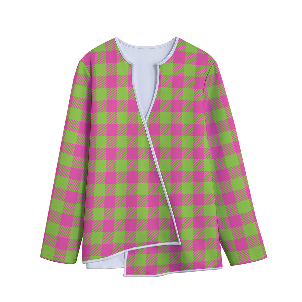 Pink And Green Buffalo Plaid Print Long Sleeve Short Coat