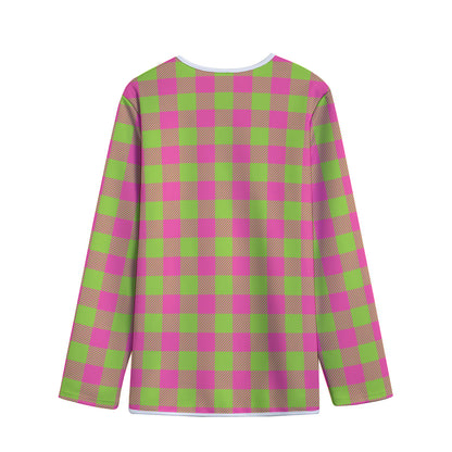 Pink And Green Buffalo Plaid Print Long Sleeve Short Coat