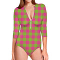 Pink And Green Buffalo Plaid Print Long Sleeve Swimsuit