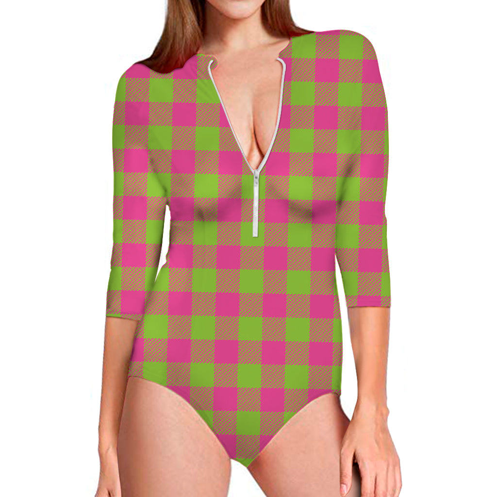 Pink And Green Buffalo Plaid Print Long Sleeve Swimsuit