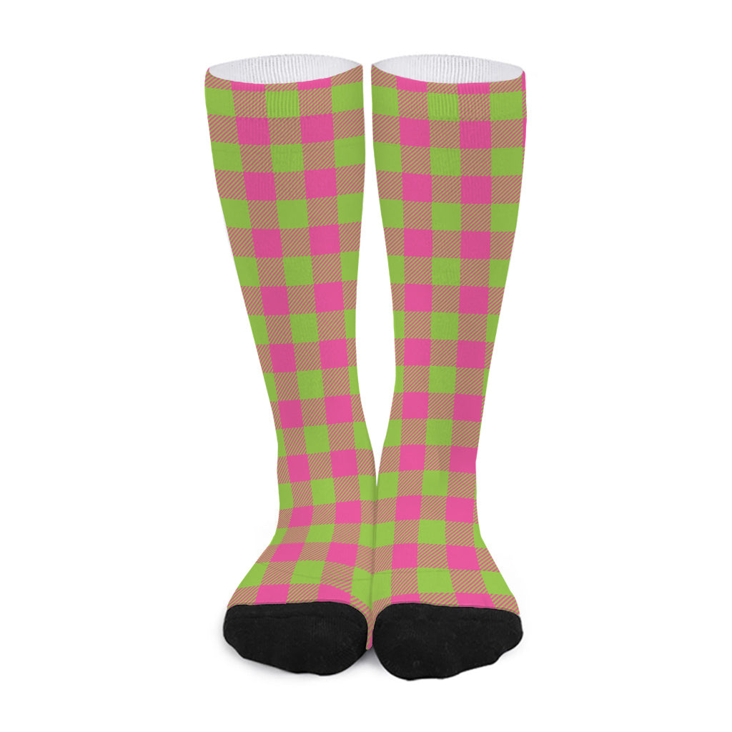 Pink And Green Buffalo Plaid Print Long Socks