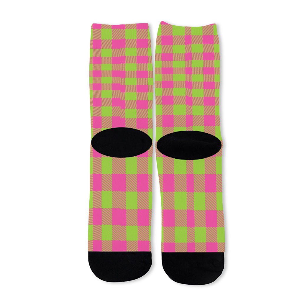 Pink And Green Buffalo Plaid Print Long Socks