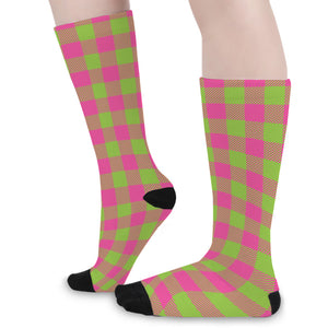 Pink And Green Buffalo Plaid Print Long Socks