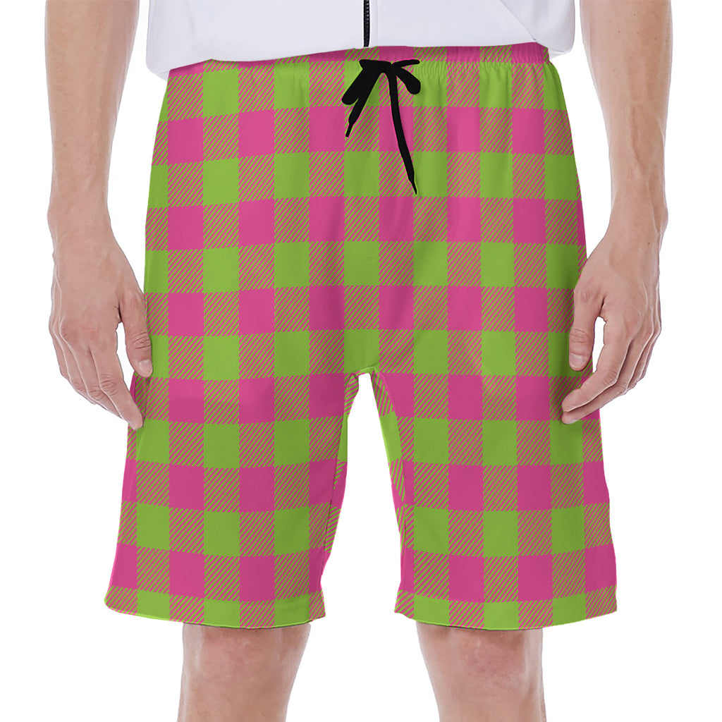 Pink And Green Buffalo Plaid Print Men's Beach Shorts