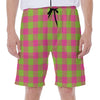 Pink And Green Buffalo Plaid Print Men's Beach Shorts