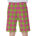 Pink And Green Buffalo Plaid Print Men's Beach Shorts