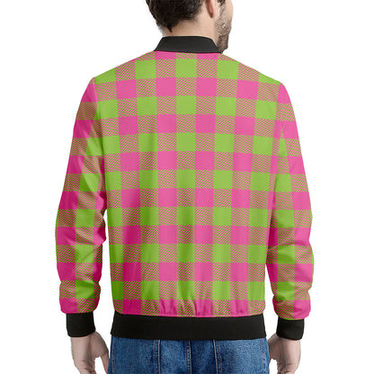 Pink And Green Buffalo Plaid Print Men's Bomber Jacket