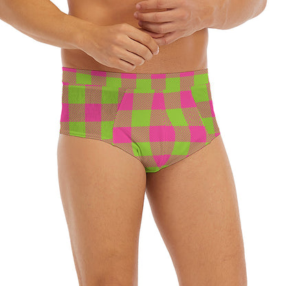 Pink And Green Buffalo Plaid Print Men's Briefs