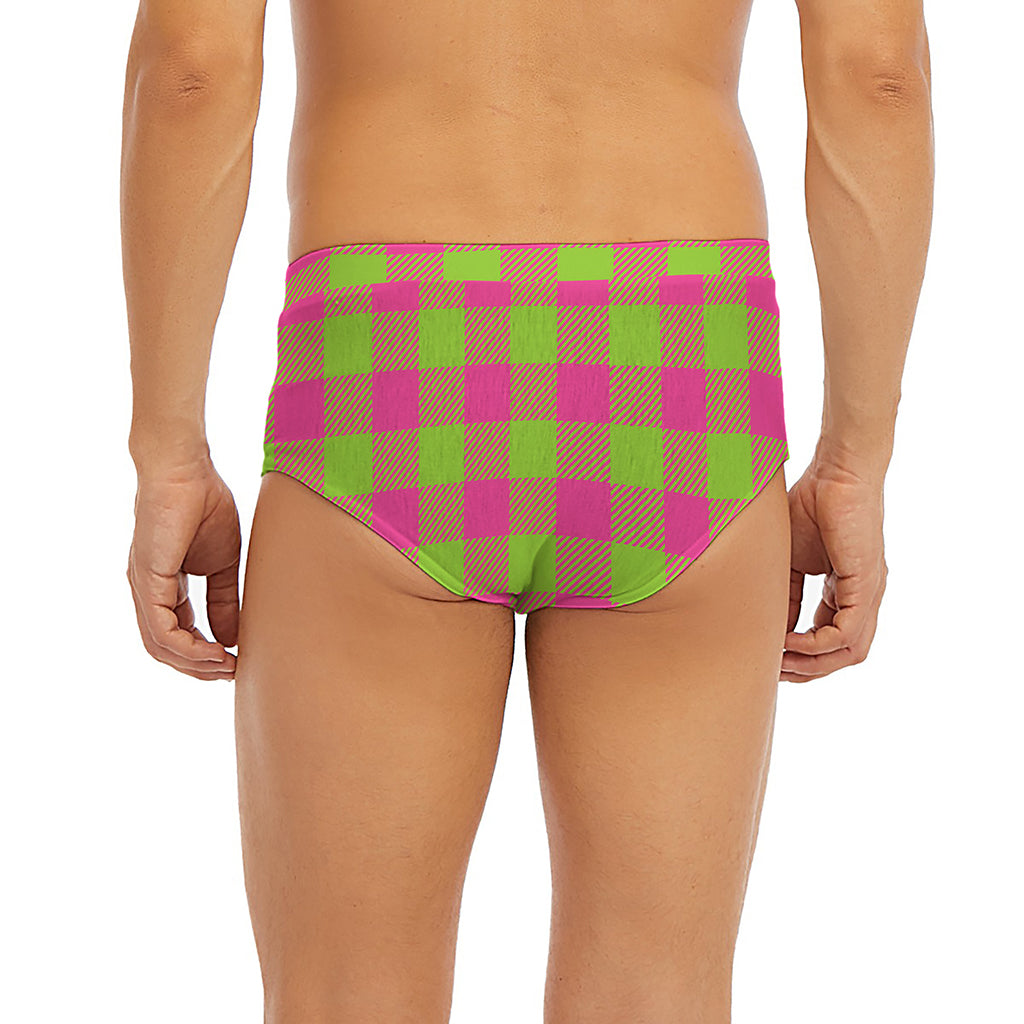 Pink And Green Buffalo Plaid Print Men's Briefs