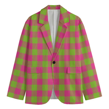 Pink And Green Buffalo Plaid Print Men's Cotton Blazer