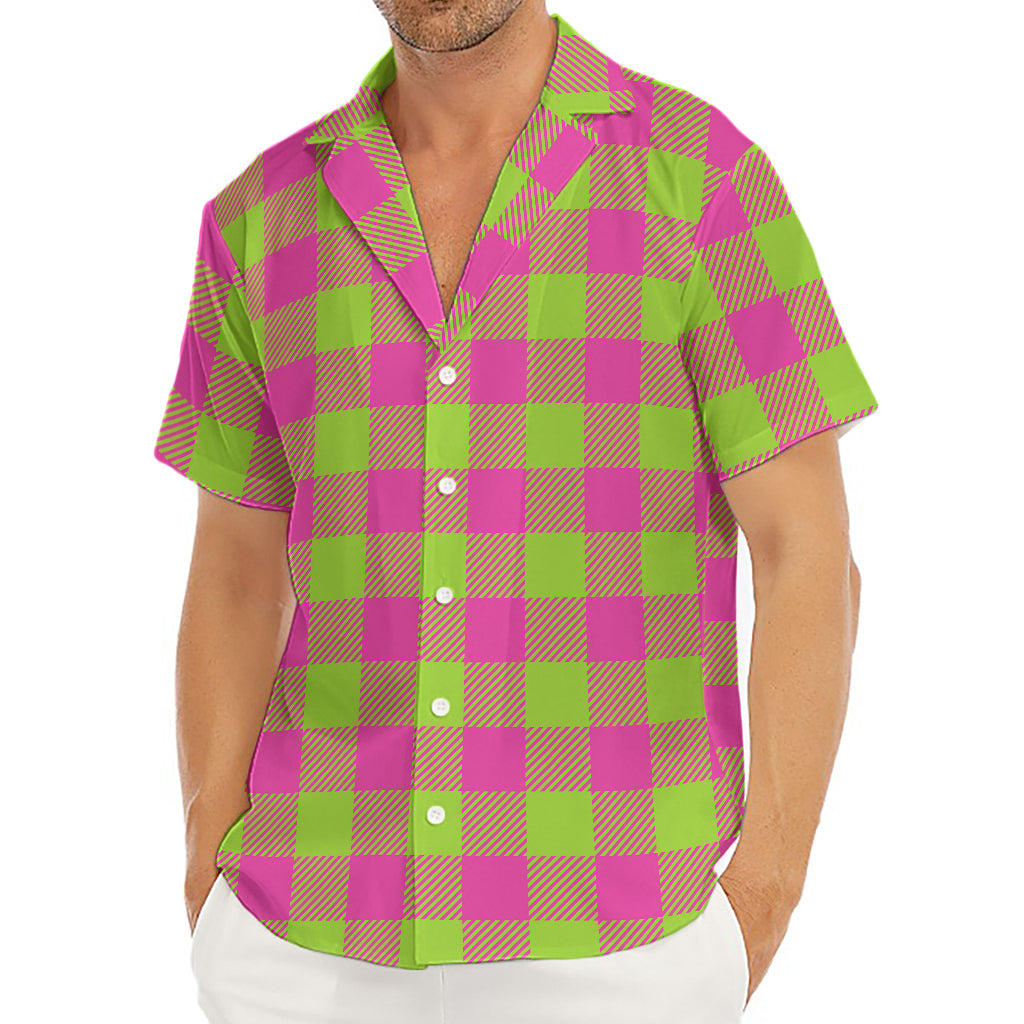 Pink And Green Buffalo Plaid Print Men's Deep V-Neck Shirt