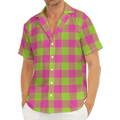 Pink And Green Buffalo Plaid Print Men's Deep V-Neck Shirt