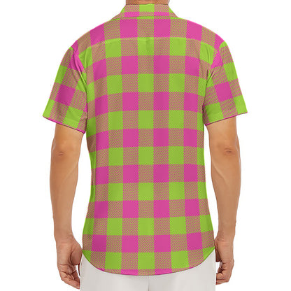 Pink And Green Buffalo Plaid Print Men's Deep V-Neck Shirt