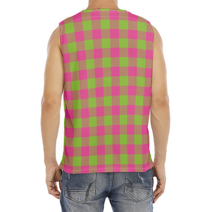 Pink And Green Buffalo Plaid Print Men's Fitness Tank Top