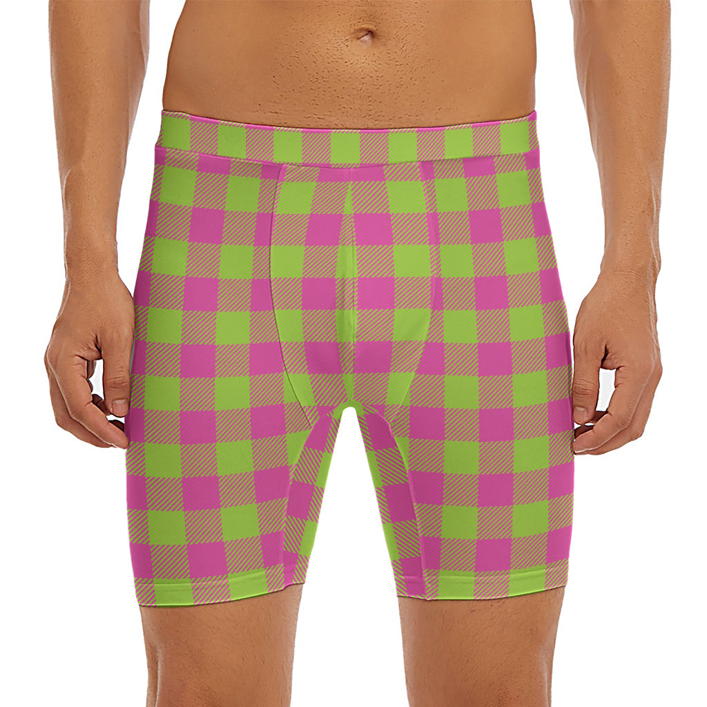 Pink And Green Buffalo Plaid Print Men's Long Boxer Briefs
