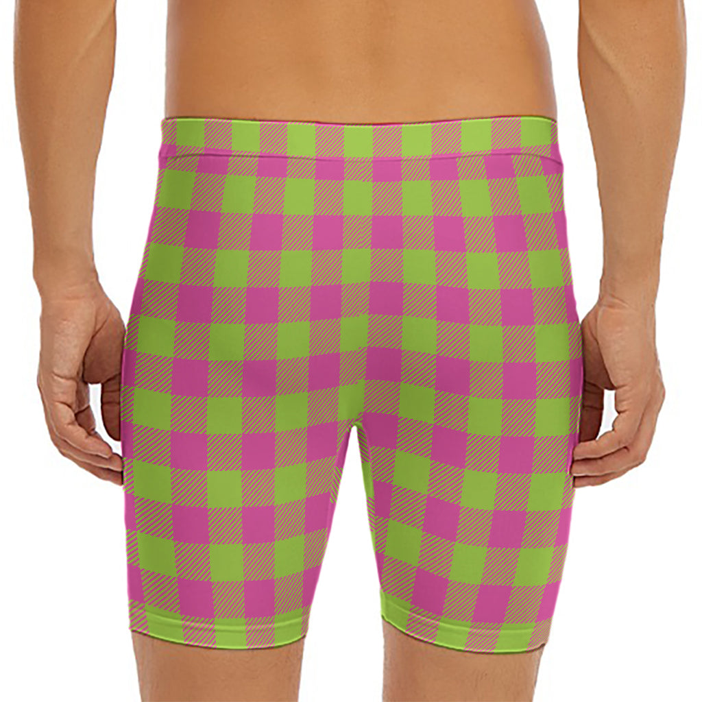 Pink And Green Buffalo Plaid Print Men's Long Boxer Briefs