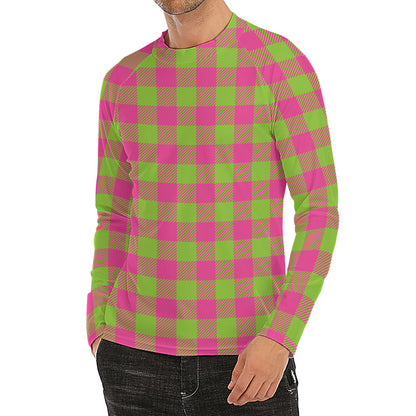 Pink And Green Buffalo Plaid Print Men's Long Sleeve Rash Guard