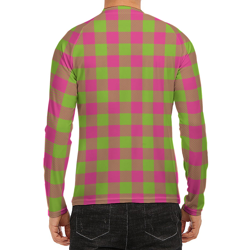Pink And Green Buffalo Plaid Print Men's Long Sleeve Rash Guard