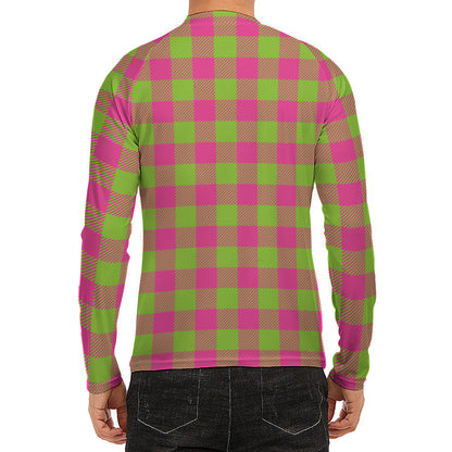 Pink And Green Buffalo Plaid Print Men's Long Sleeve Rash Guard