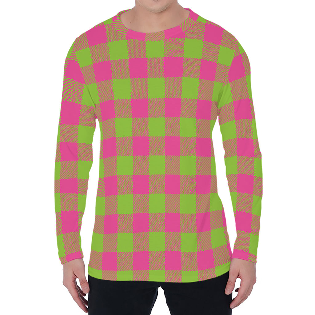 Pink And Green Buffalo Plaid Print Men's Long Sleeve T-Shirt