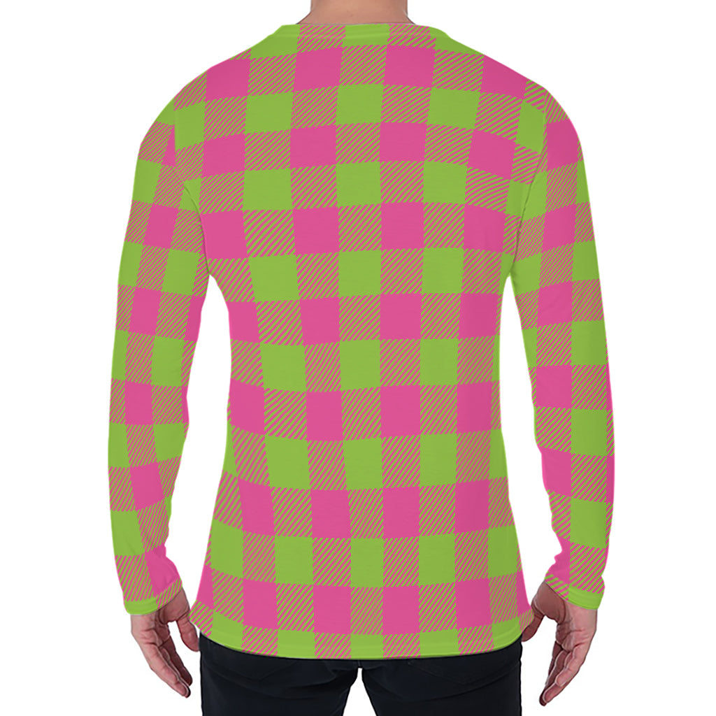 Pink And Green Buffalo Plaid Print Men's Long Sleeve T-Shirt