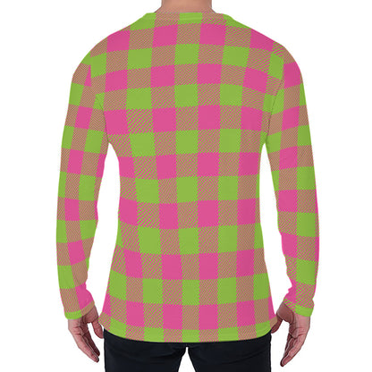 Pink And Green Buffalo Plaid Print Men's Long Sleeve T-Shirt