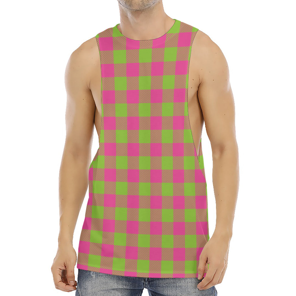 Pink And Green Buffalo Plaid Print Men's Muscle Tank Top