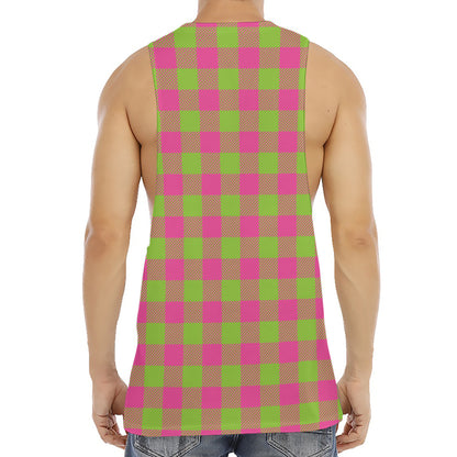 Pink And Green Buffalo Plaid Print Men's Muscle Tank Top