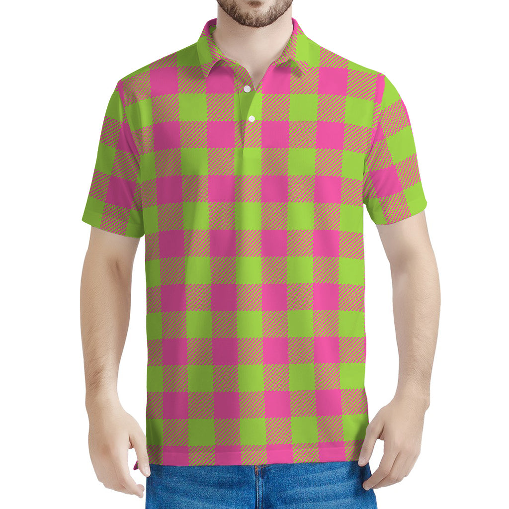 Pink And Green Buffalo Plaid Print Men's Polo Shirt