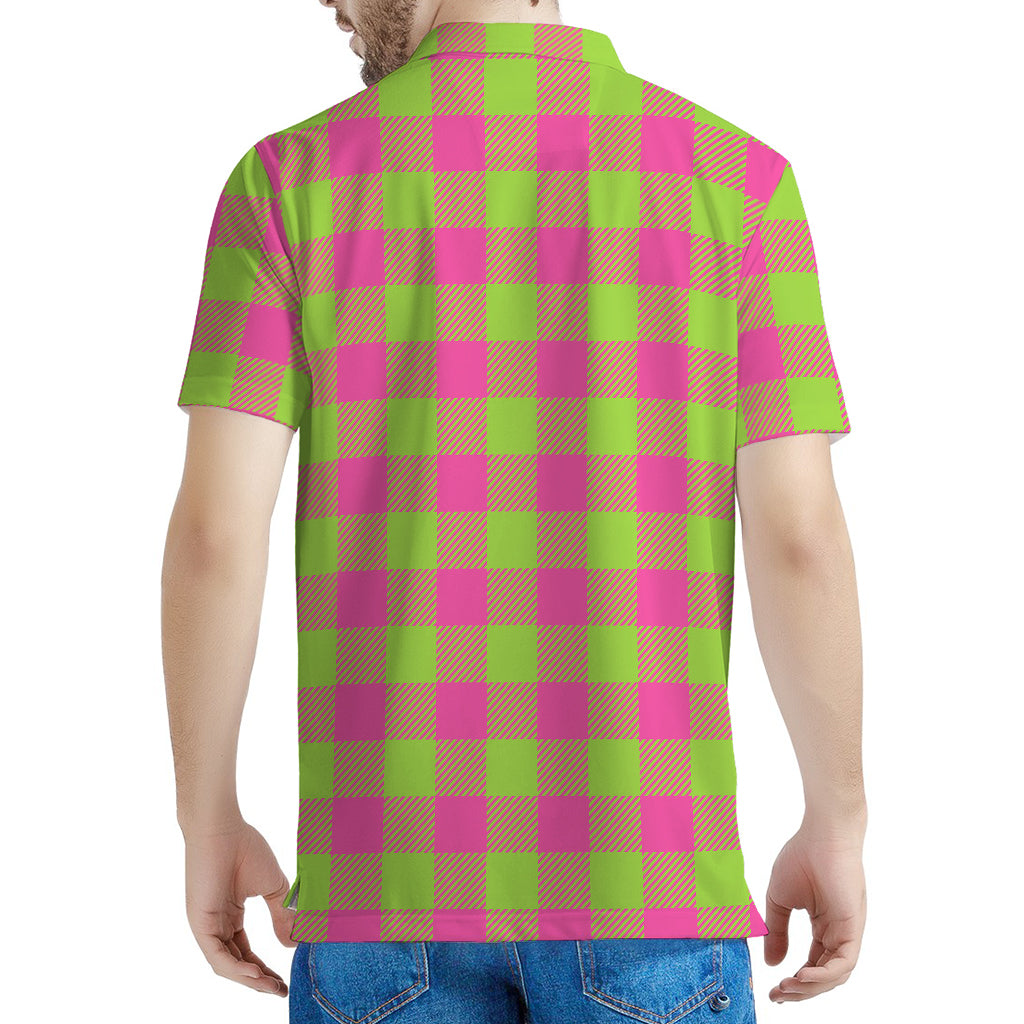 Pink And Green Buffalo Plaid Print Men's Polo Shirt