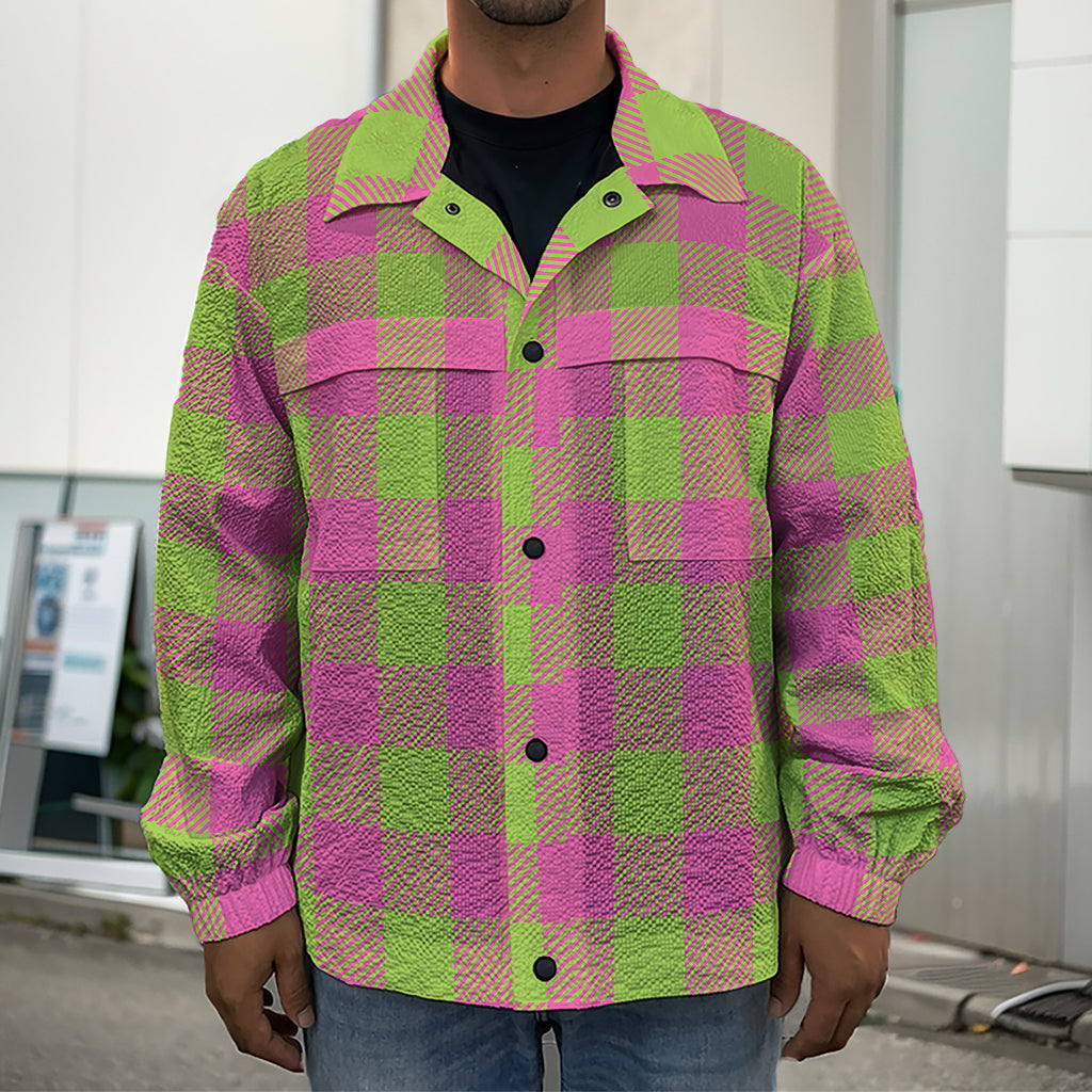 Pink And Green Buffalo Plaid Print Men's Shirt Jacket