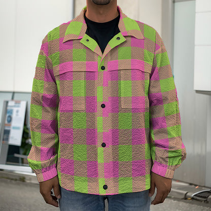 Pink And Green Buffalo Plaid Print Men's Shirt Jacket