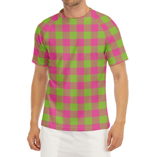 Pink And Green Buffalo Plaid Print Men's Short Sleeve Rash Guard