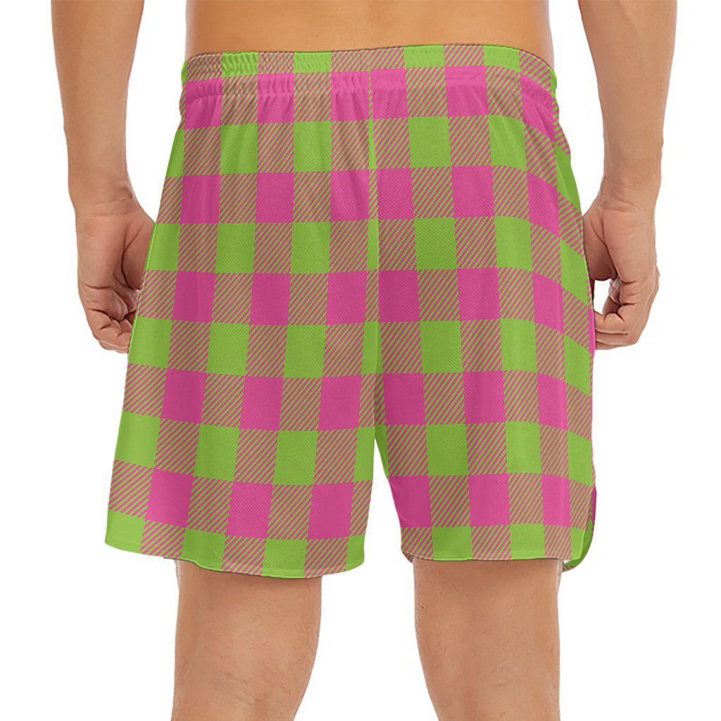 Pink And Green Buffalo Plaid Print Men's Split Running Shorts