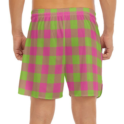 Pink And Green Buffalo Plaid Print Men's Split Running Shorts