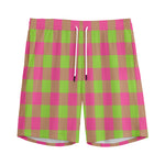 Pink And Green Buffalo Plaid Print Men's Sports Shorts