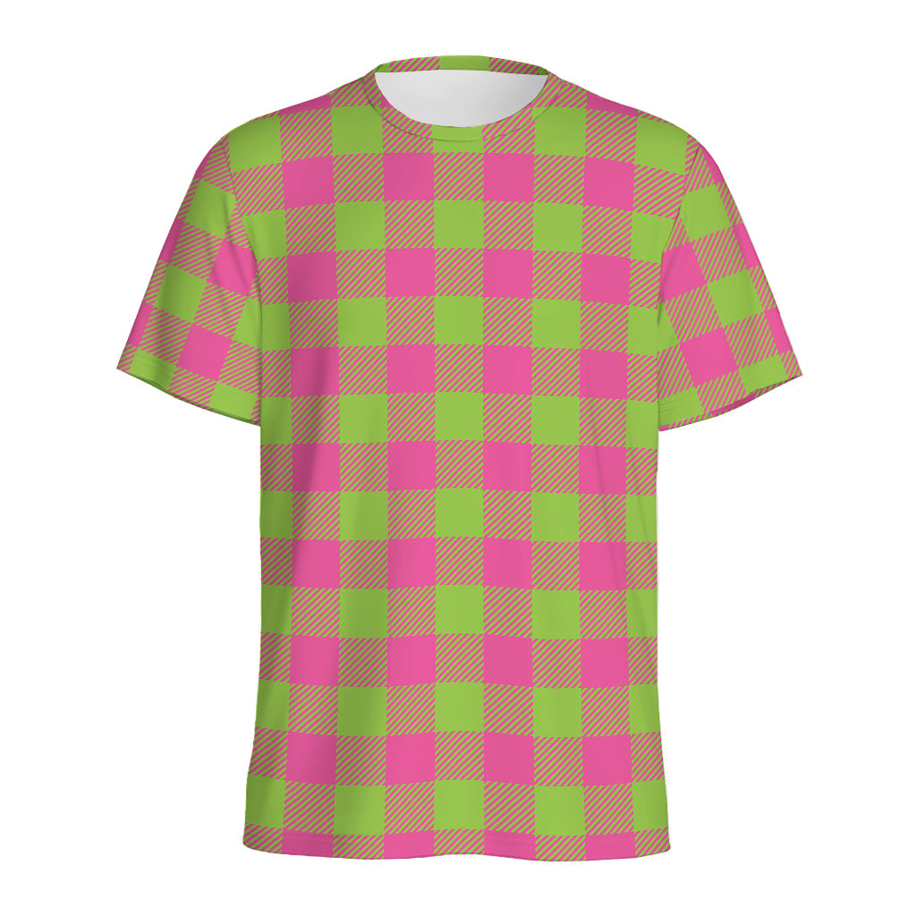 Pink And Green Buffalo Plaid Print Men's Sports T-Shirt