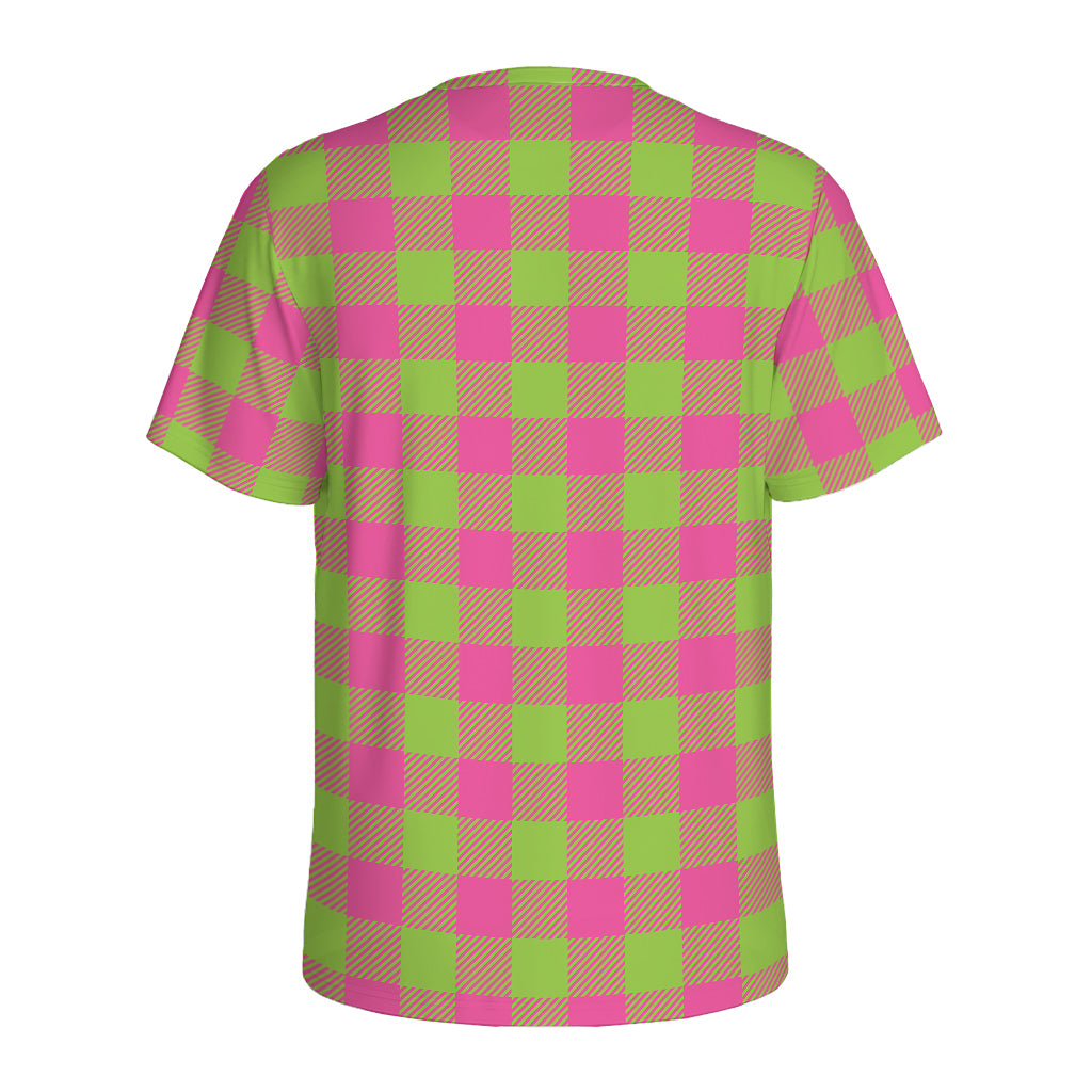 Pink And Green Buffalo Plaid Print Men's Sports T-Shirt