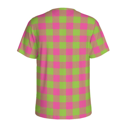 Pink And Green Buffalo Plaid Print Men's Sports T-Shirt