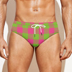Pink And Green Buffalo Plaid Print Men's Swim Briefs